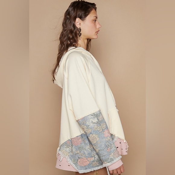 POL Hoodie Floral Contrast Patchwork Top Distressed Raw Exposed Seam Sweatshirt - Picture 5 of 15